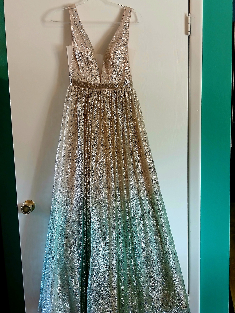madison james Gold to Teal Ombre Deep V Prom Gown
